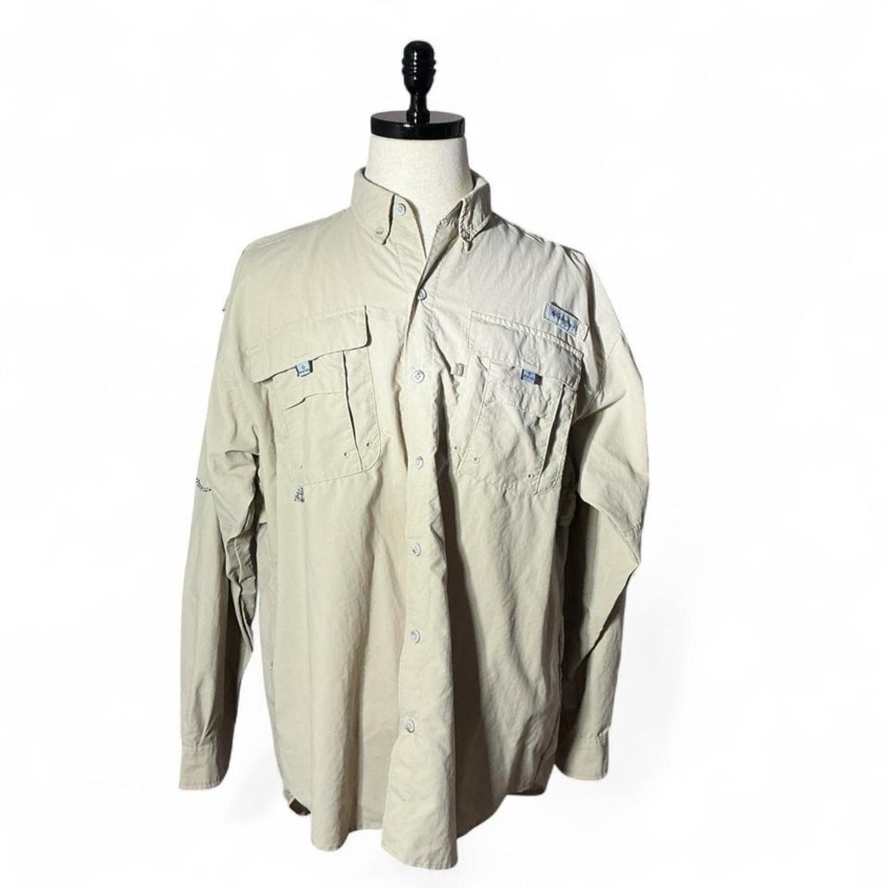 Columbia Bahama Long Sleeve Fishing Shirt Mens L G Tan Vented Quick Dry